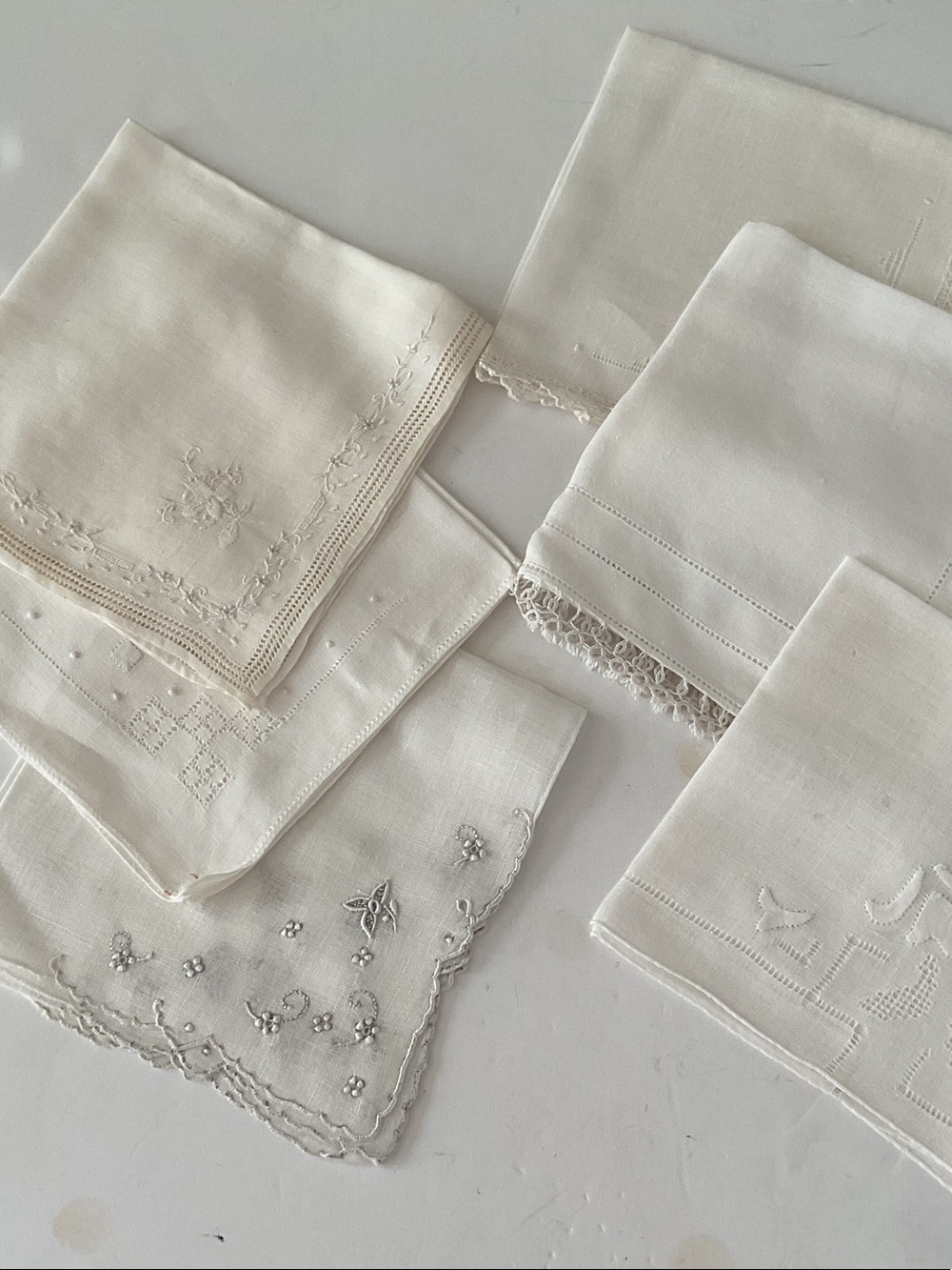 Set of Ivory Embroidered Handkerchiefs. Set of 6.
